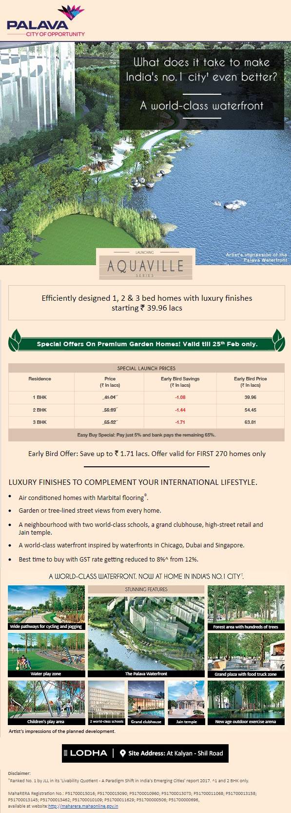 Luxury finishes to complement your international lifestyle at Lodha Palava Aquaville in Mumbai